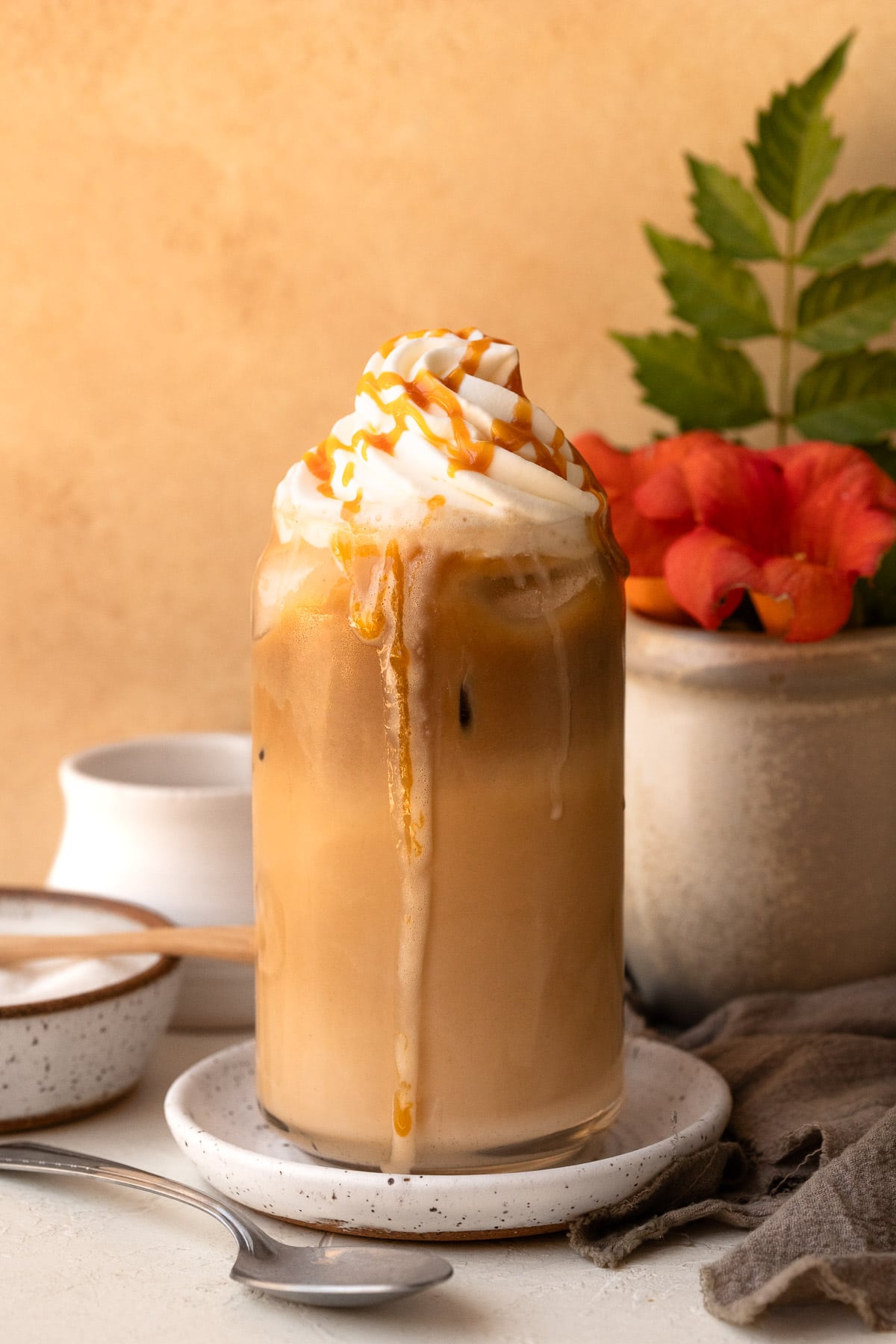 iced caramel latte with caramel drizzle